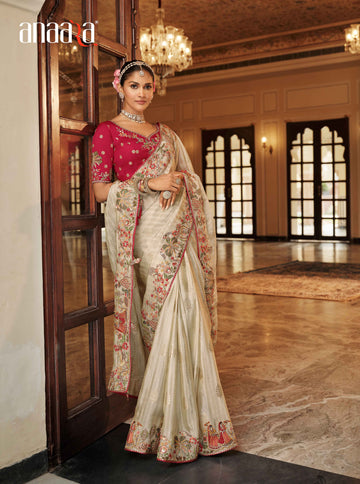 Cream Tissue Traditional Saree with Maroon Silk Blouse & Embroidery Work - 7806